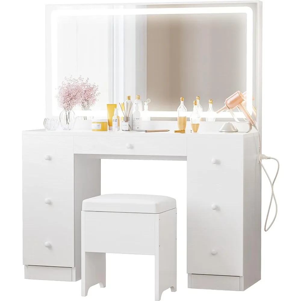 Vanity Desk Set with LED Lighted Mirror & Power Outlet, 7 Drawers Makeup Vanities Dressing Table with Stool, for Bedroom, White