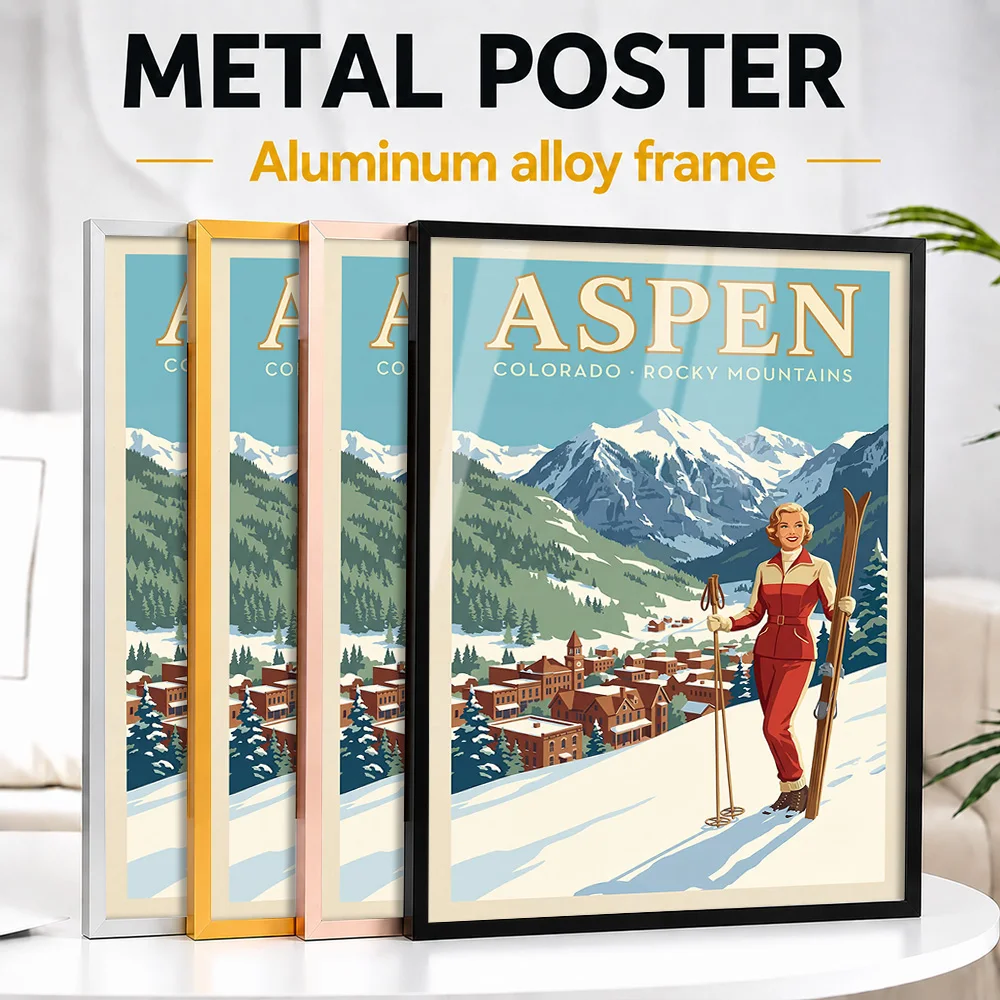 Aspen Colorado Vintage Ski Framed Metal Print Customized Photo Warm Heritage Style Wall Art For Home Office Memorable Fan Gift