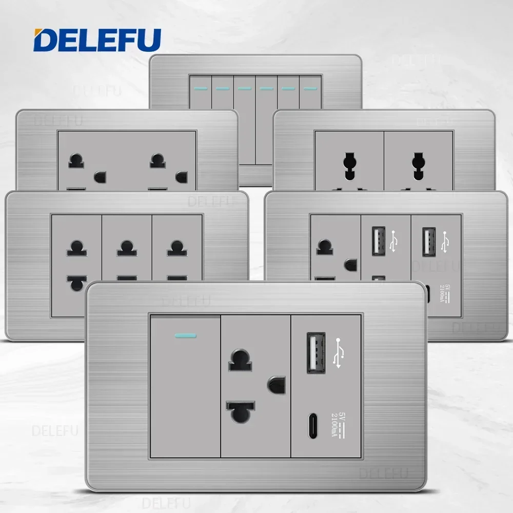DELEFU Stainless Steel Grey Panel Thai Switch Socket Computer USB Type C Wall Power Socket