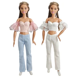 Doll clothing  30cm 1/6  White Pink bubble sleeved top and flared pants Daily Wear Accessories Clothes for Barbies doll