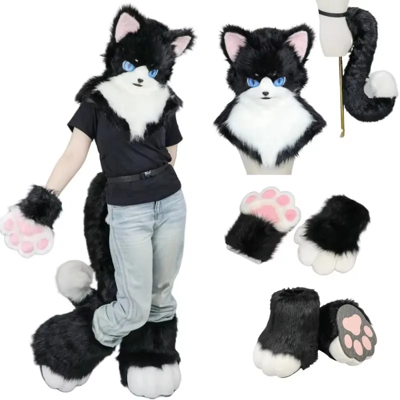 Anime Fursuit Furry Fox Cats Headwear Paws Mask Tail Shoes Animal Halloween Set Cosplay Costumes