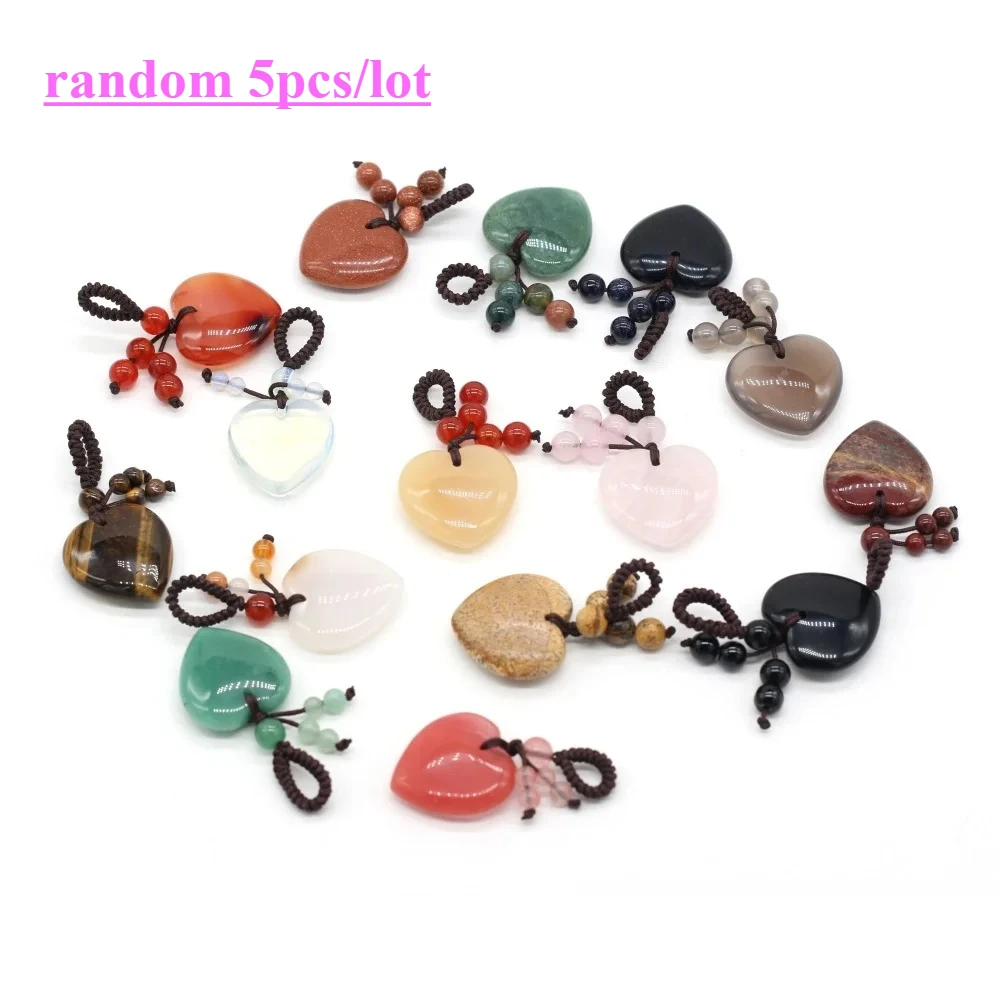 

5pcs Natural Stone Quartz Agate Heart Keychain Pendant Making DIY Necklace Key Chain Handbag Purse Household Charm Gift Ornament