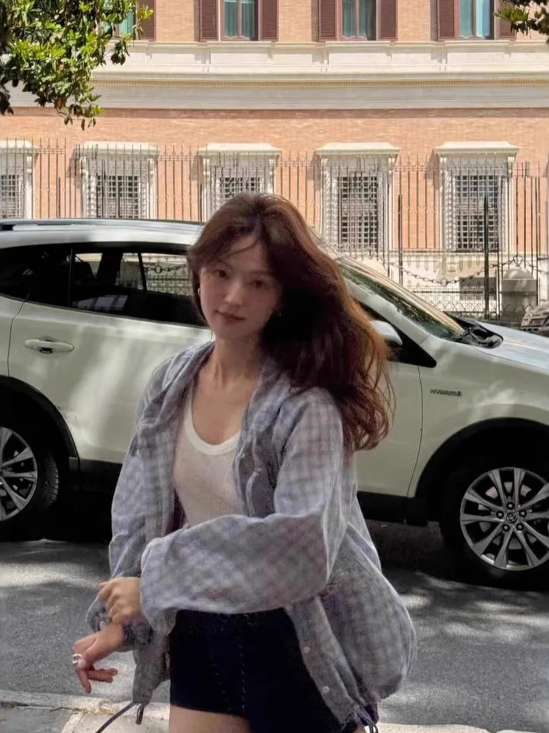 

Loose Gingham Patterned Hooded irt Korean Sle College Faion Women's Long Sve Princ Sve irt