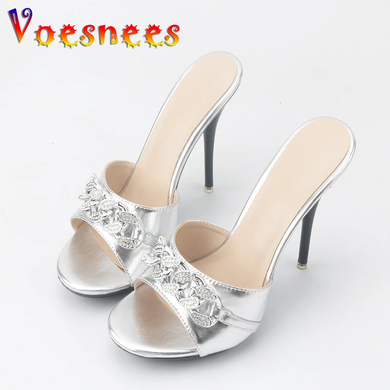 Female Summer High Heels Sexy Open Toes Slippers Luxury Rhinestone Party Dress Shoes Black Slides Sandals Women Mules Plus Size