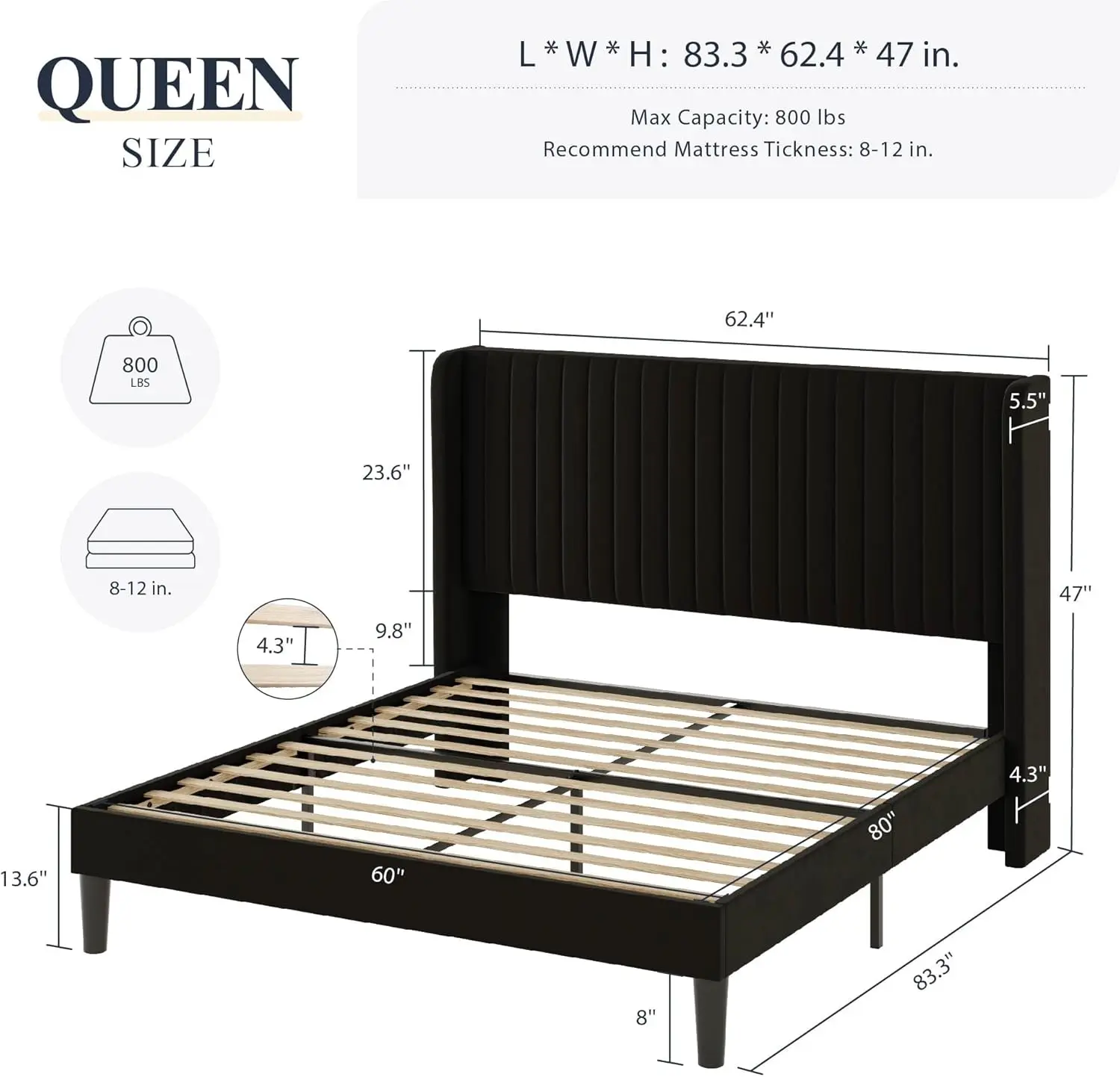 Queen Size Velvet Bed Frame/Vertical Channel Tufted Wingback Headboard/Upholstered Platform Bed/Strong Wooden Slats