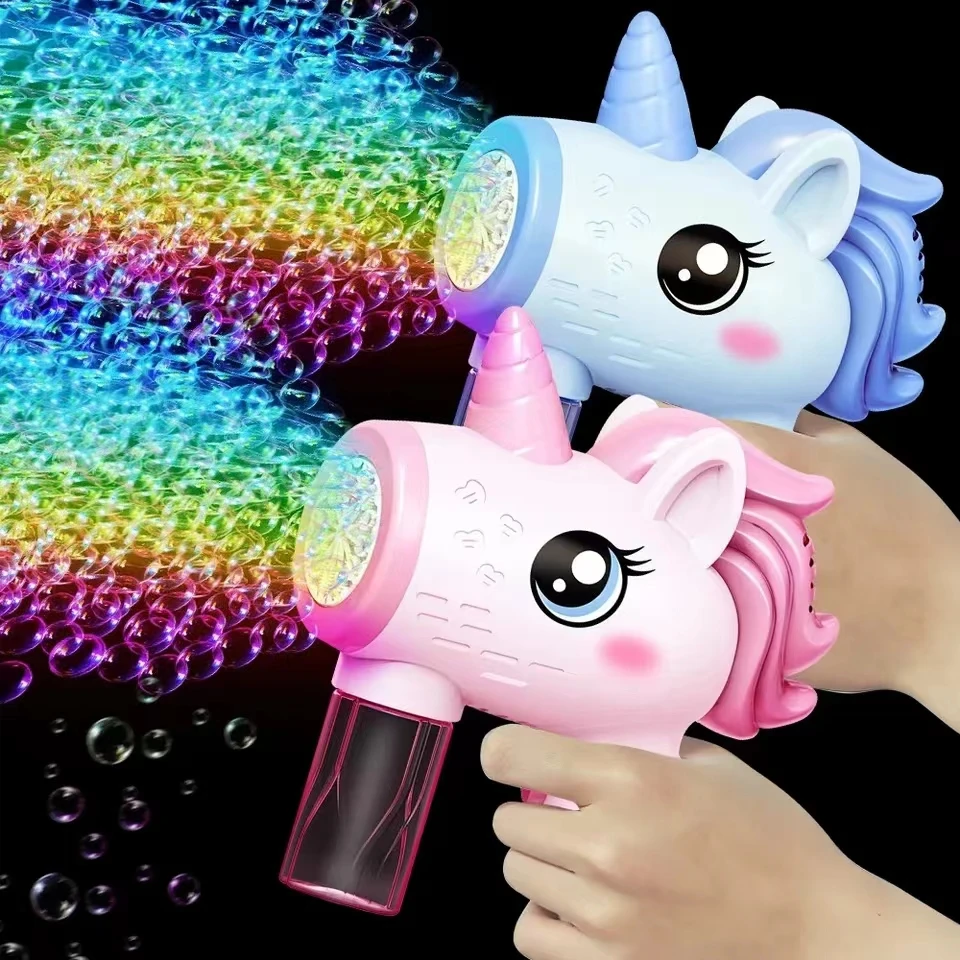 Unicorn electric bubble gun, toy bubble machine, automatic soap blower with lights, summer outdoor party games, children\'s gifts