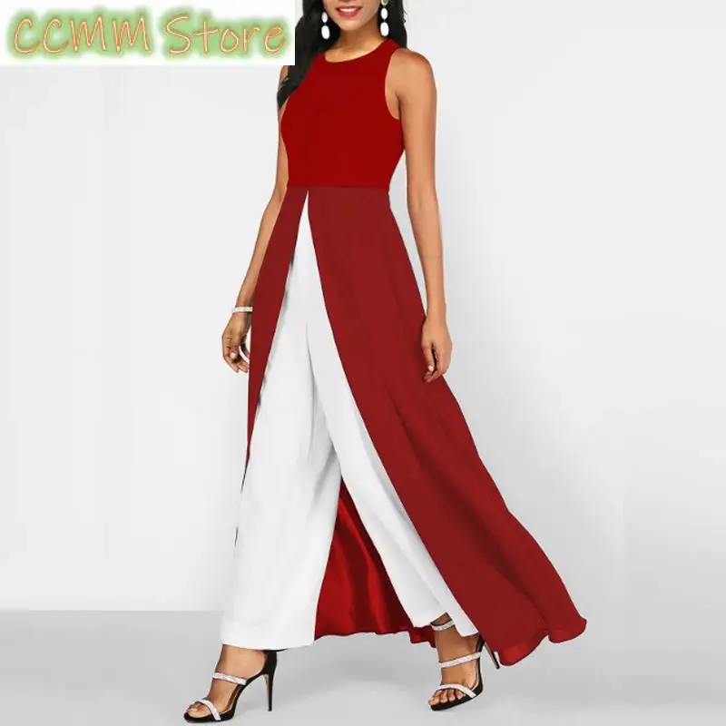 Elegant Women Office Chiffon Jumpsuits Summer Casual O Neck Sleeveless Straight Slim Romper Fashion Lady Suits Playsuit Overalls
