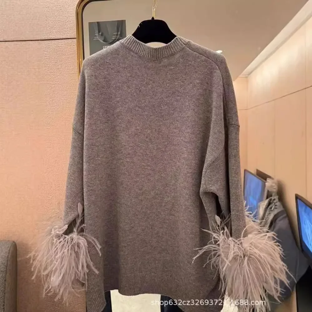 Premium Gray Feather Splicing Knitted Sweater Women\'s Autumn Winter New Loose Casual Fashion Versatile Pullover Sweaters Tide