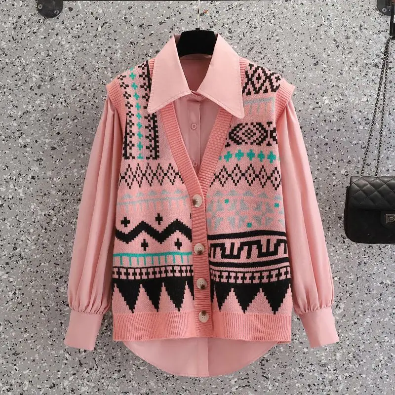 

women's 2022 fat sister autumn new pink knitted vest and POLO collar casual shirt two-piece set sweater women