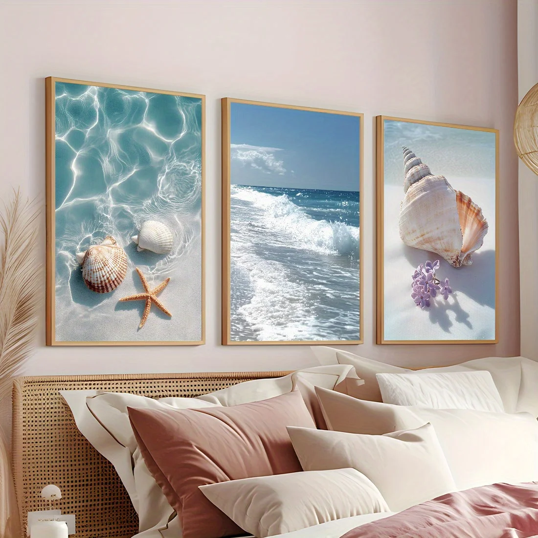 3 قطع من المطبوعات القماشية على الشاطئ، ديكور فني جداري بدون إطار، ملصقات صدف ساحلي ونجم البحر، مثالية لغرفة المعيشة، غرفة النوم #5