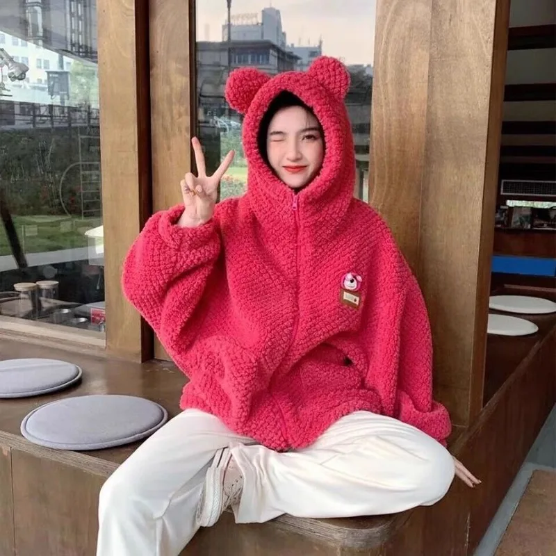 AnimePeripherals 디즈니 만화 귀여운 Lotso 자수 재킷 새로운 여성용 짧은 두꺼운 따뜻하고 편안한 재킷 모피 코트