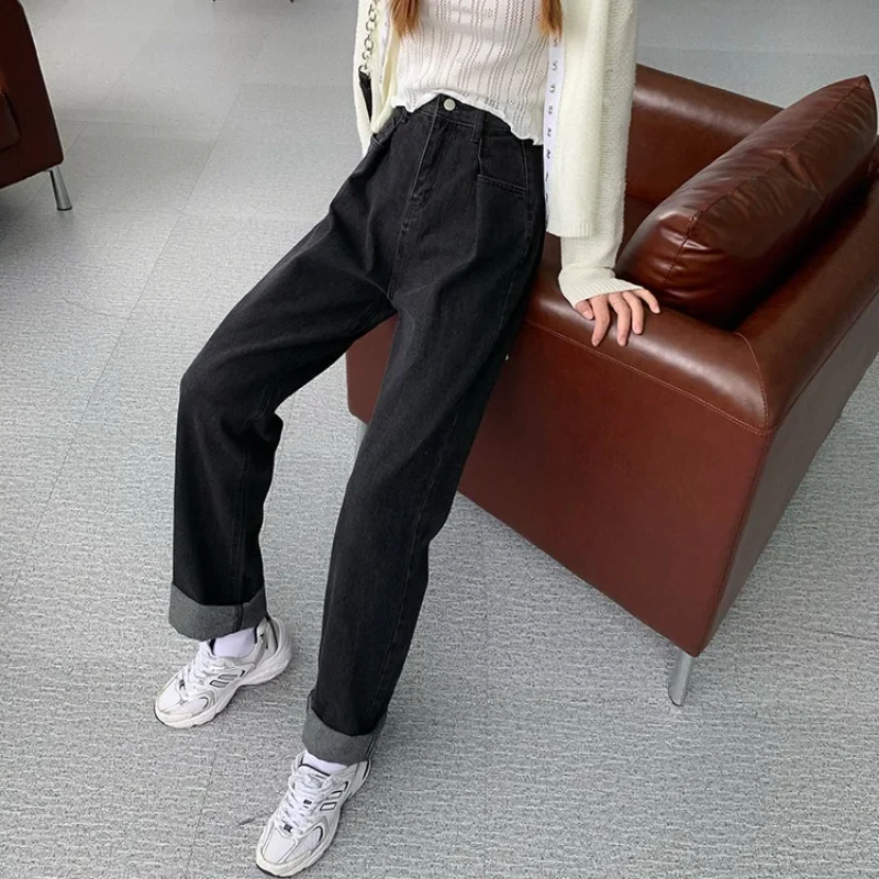 Women Black High Waist Oversized Denim Pants Vintage Wide Legs Straight Jeans 2023 Spring New Casual Long Trousers Korean Style