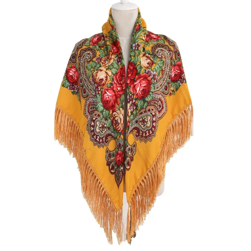 

Russian Cloak Large Flower Printed Generous Scarf Women's Shawl Warm Autumn Winter multi-function Scarf Ponchos Capes Yellow