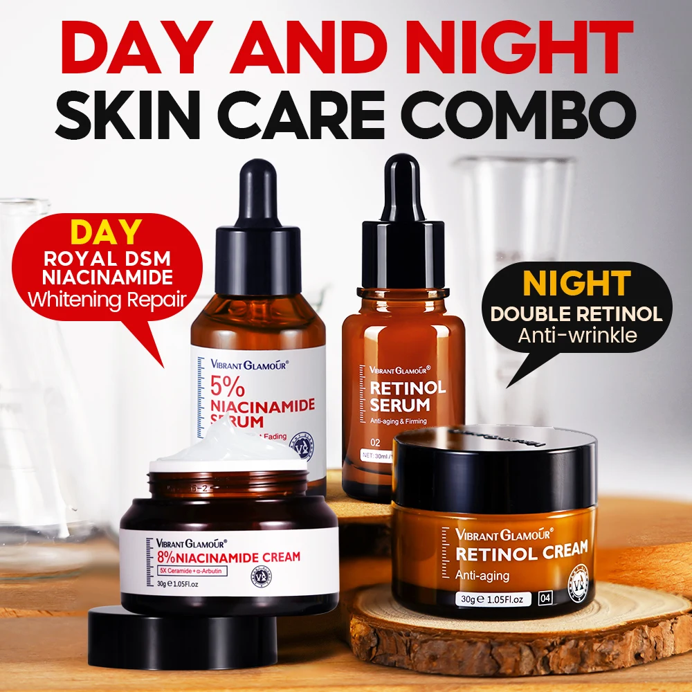 VIBRANT GLAMOUR Skin Care Set Double Retinol Niacinamide 5X Ceramide Whiten Anti Aging Reduce Melasma Glowing Moisturizer 4Pcs