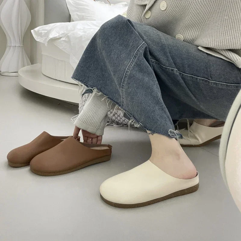 Artificial Leather Mule Slides Woman Retro Elegant Flat Loafers Ladies Comfortable Soft Sole Outdoor Slipper Shoes