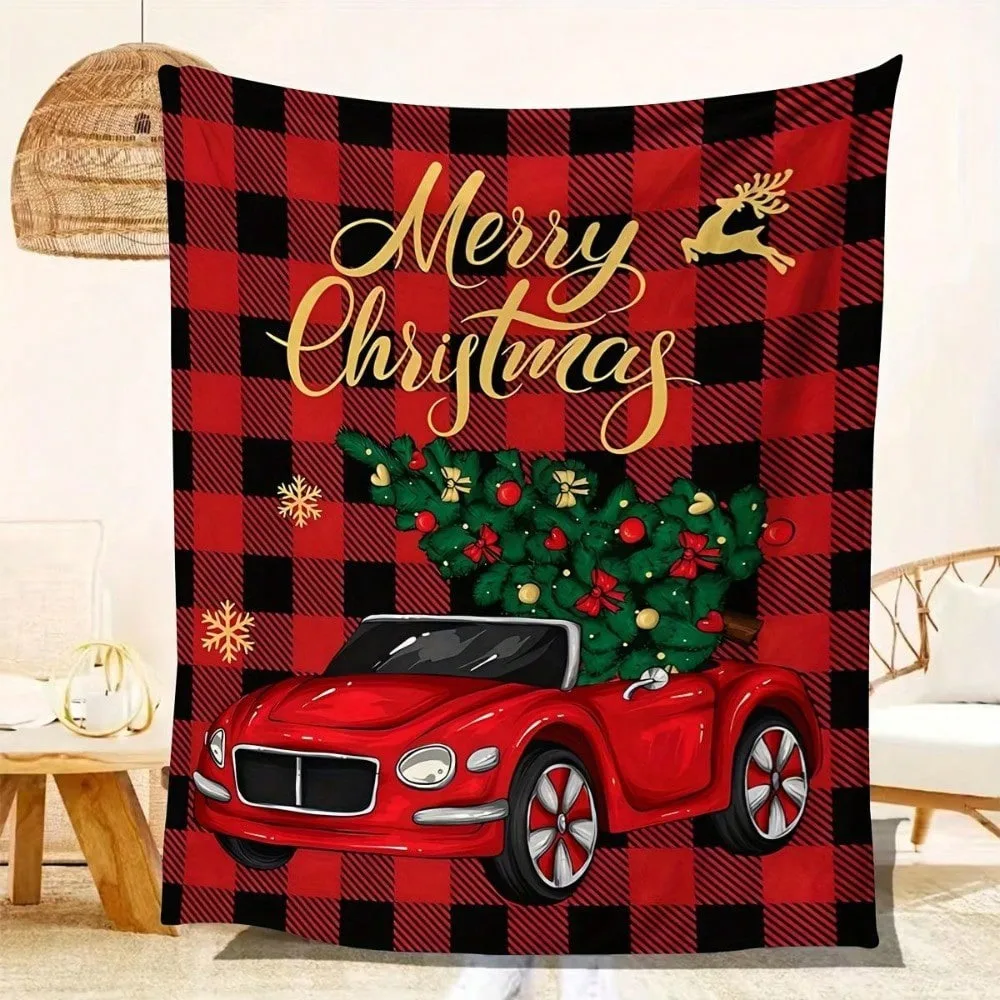 

60 By 80 Inch Merry Christmas Blanket - Soft Chunky All Season, Machine Washable, Holiday Red Car and Tree Design