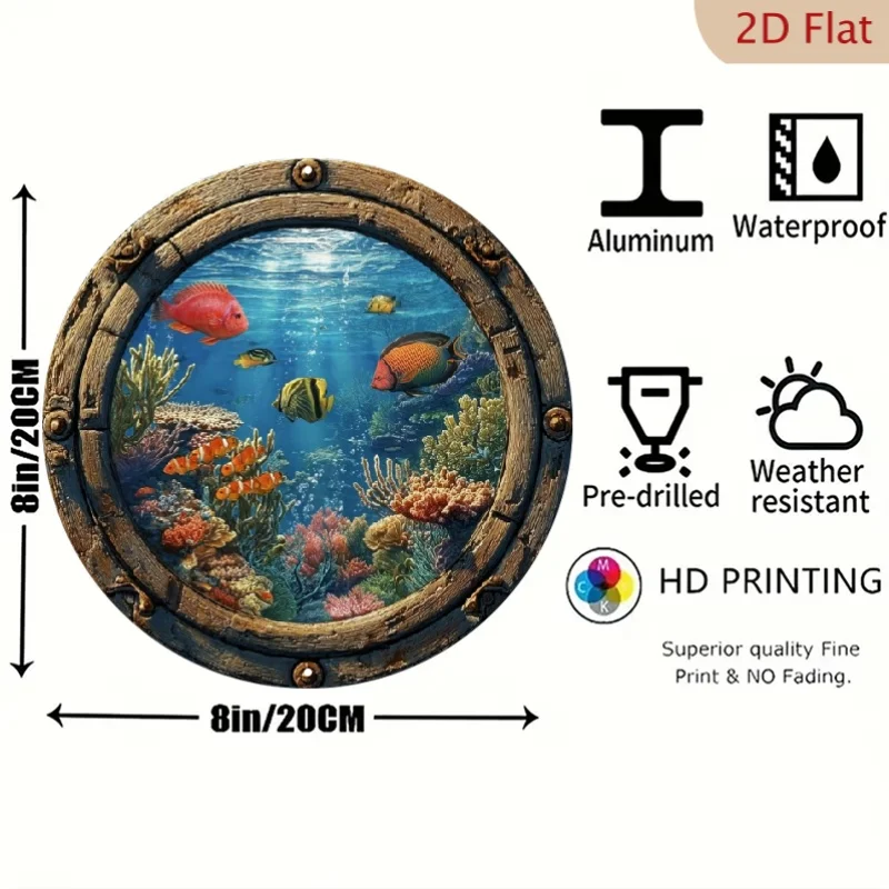 2D Flat Design, 1pc, Round Sign, Underwater Porthole Wall Art Sticker, Suitable for Gardens, Countryside, Cottages, Homes, Livin