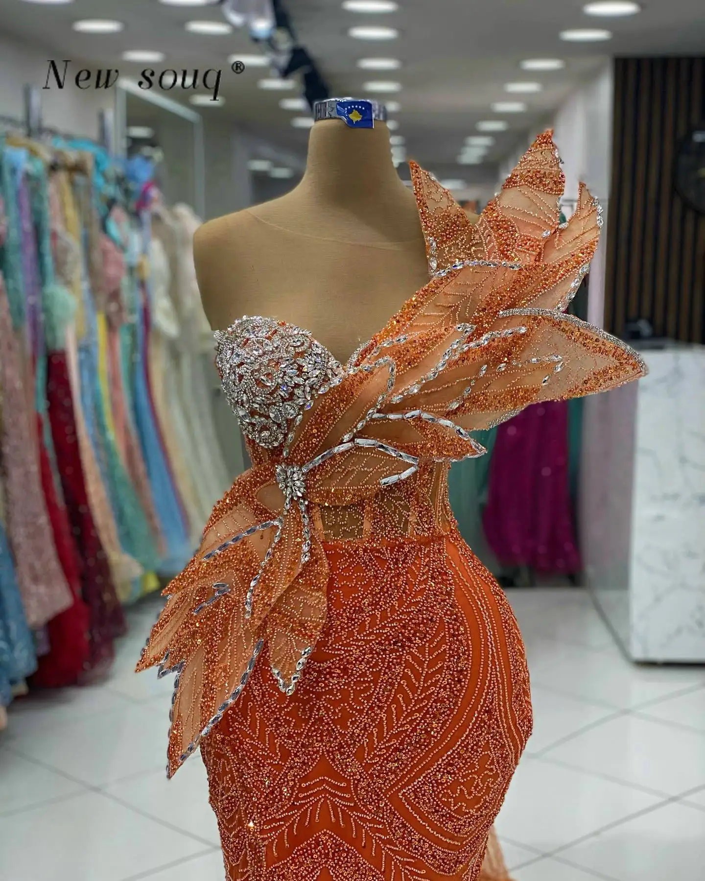 Arabic Orange 3D Leaf Designs Long Mermaid Evening Dresses with Slit Crystals Beaded Women Formal Party Wear Wedding Guest Gowns