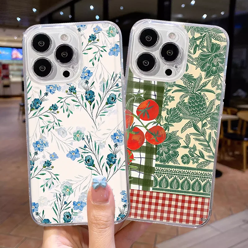 

Flower Branch Pattern Clear Phone Case For iPhone 16 15 11 12 14 13 Pro Max Mini X XSMax XR 7 8 Plus SE4 16e Silica Covers Funda