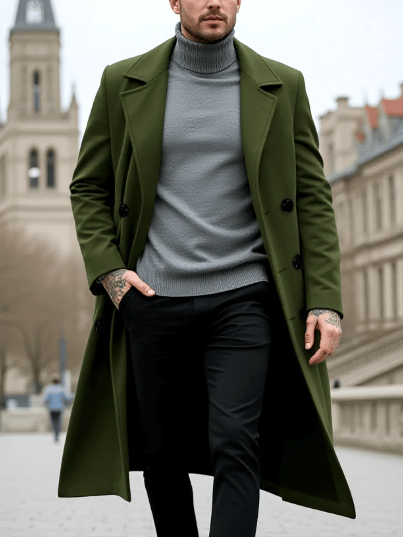 

Men's Winter Outerwear Stylish Woolenen Coat Pure Color Long Jacket Double Breasted Warm Lined Male Street Wear New