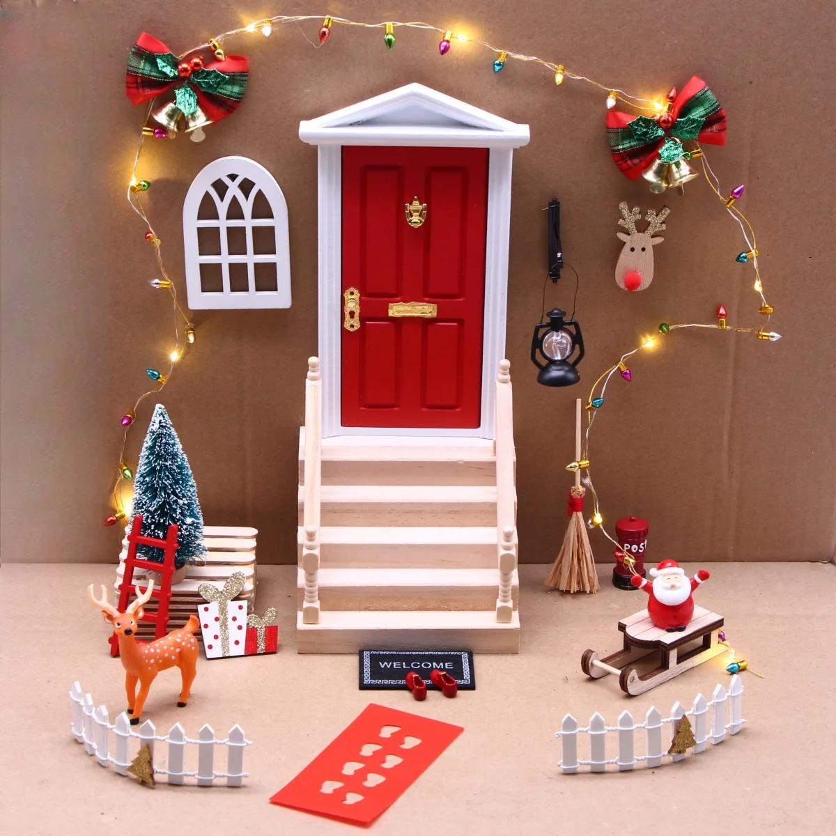 New Doll House Red Christmas Door Set LED Bright Electroplating Light String Miniature Scene Wooden Ornament Model