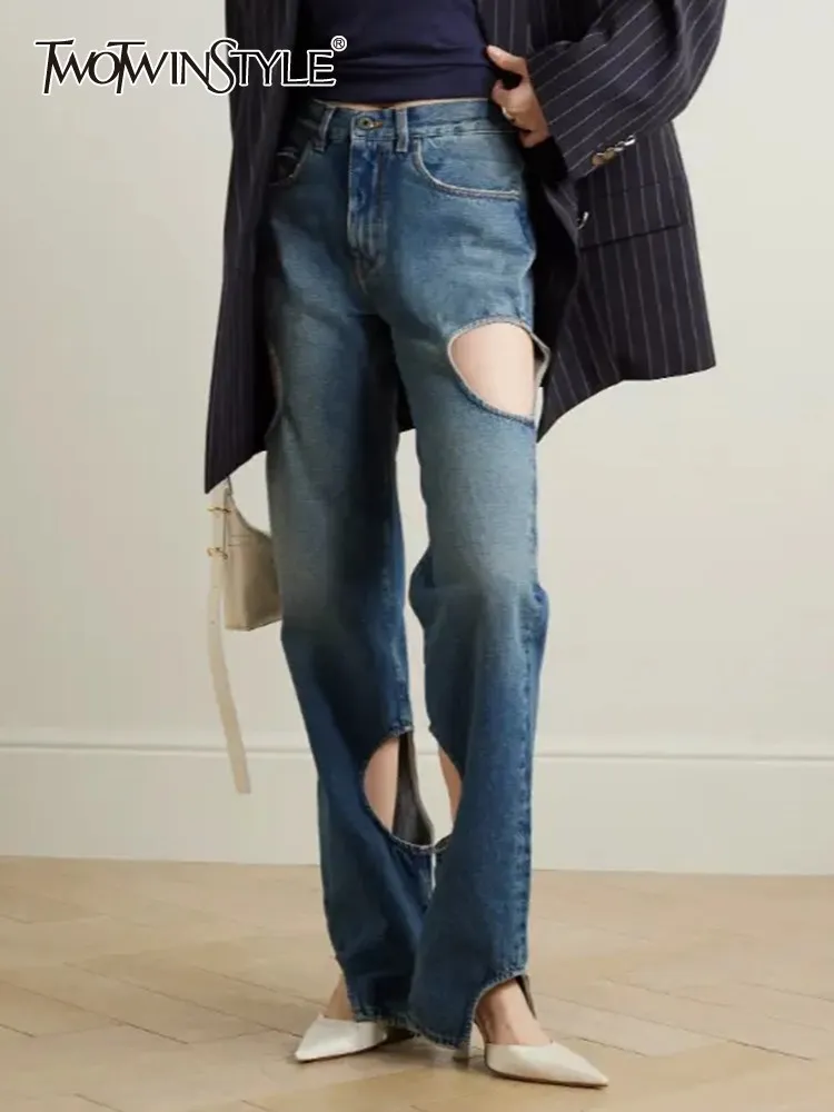 

TWOTWINSTYLE Solid Casual Denim Pants For Women High Waist Spliced Button Hollow Out Designer Straight Jeans Female Fashion New