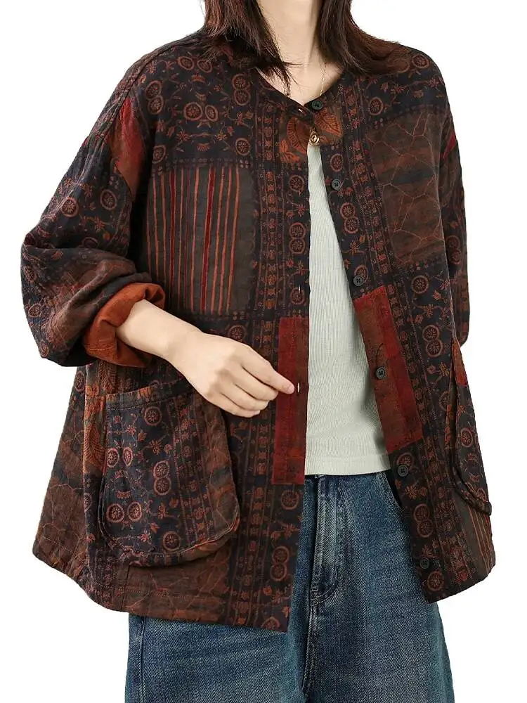 

2025 Summer Fashion Floral Blouses Women Casual Printed Loose Shirts Ladies Classic Vintage O Neck Long Sleeve Cotton Linen Tops