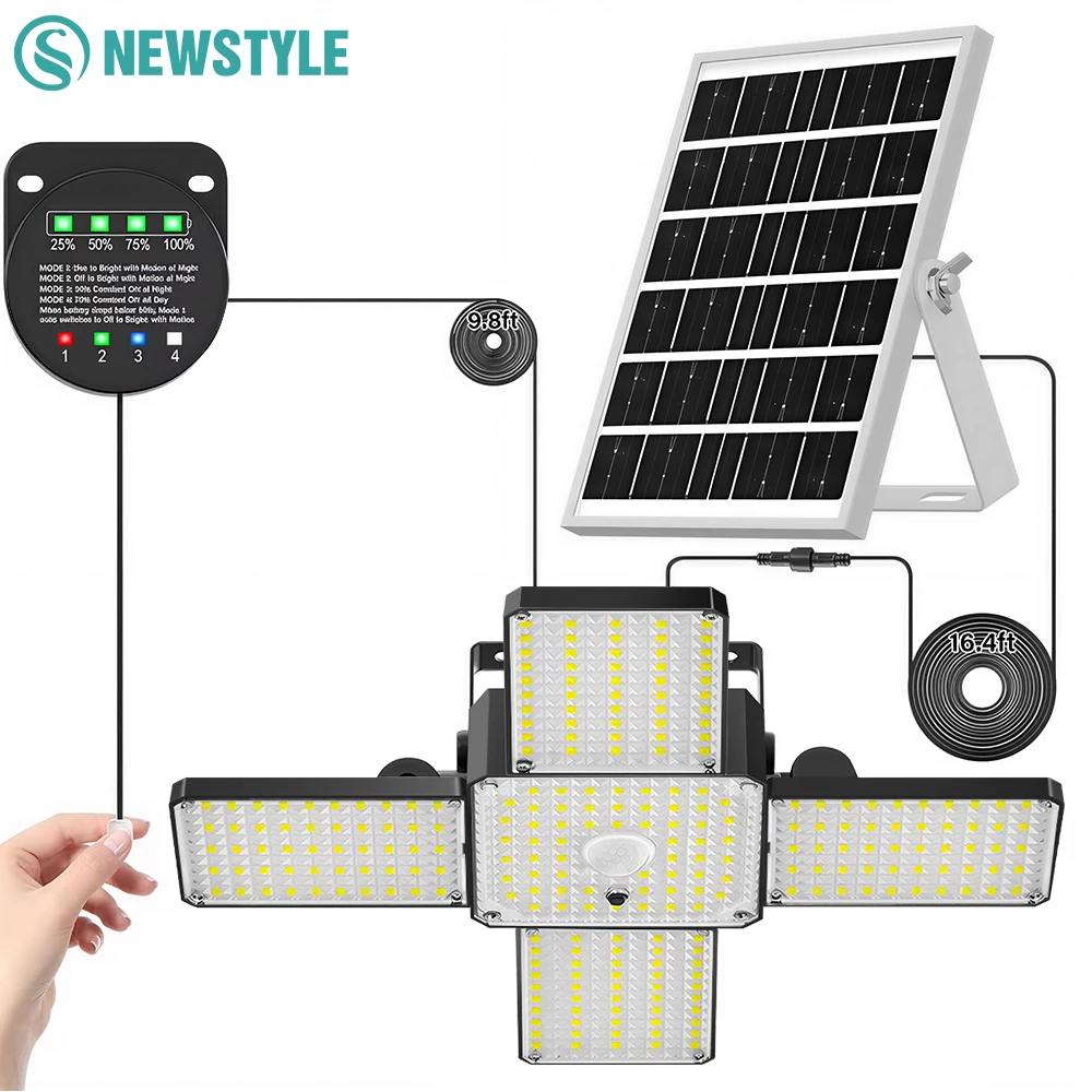 LED Innen- und Außen-Solarpendelleuchte mit Bewegungssensor Batterieanzeige 268LED 4 Beleuchtungsmodi IP65 Solar-Schuppenlampe Garage