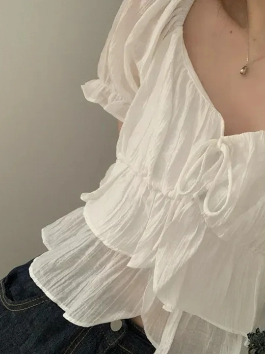 

Faionable ort Bubble Sve irt Women's Summer 2025 New Ele Pullover Lace Top with Bow Tie Korean Sle Slim Fit