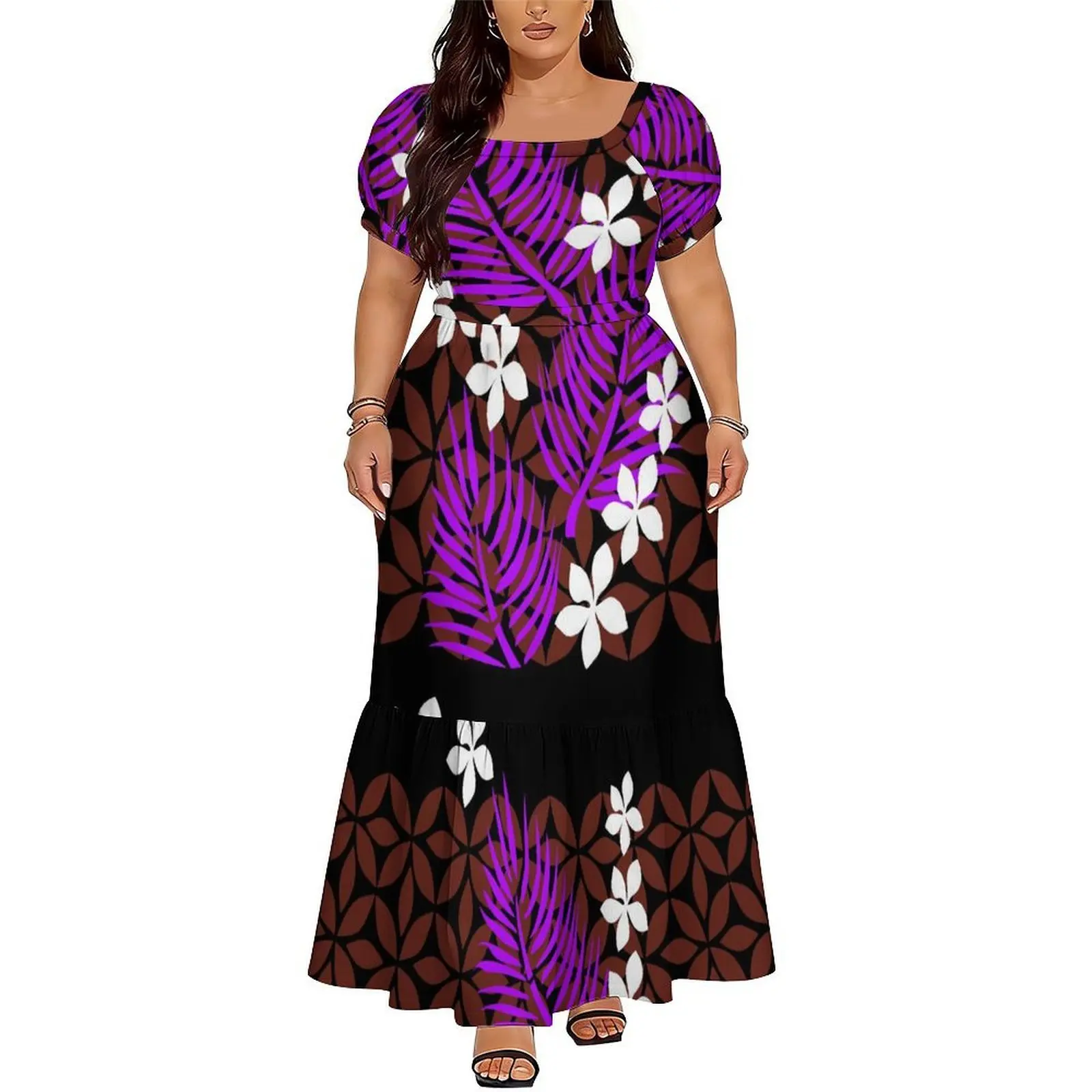 Summer Essential Polynesian Custom-Printed Long Dress Square Neck Fitted Design Slimming And Figure-Hugging Women's Dress