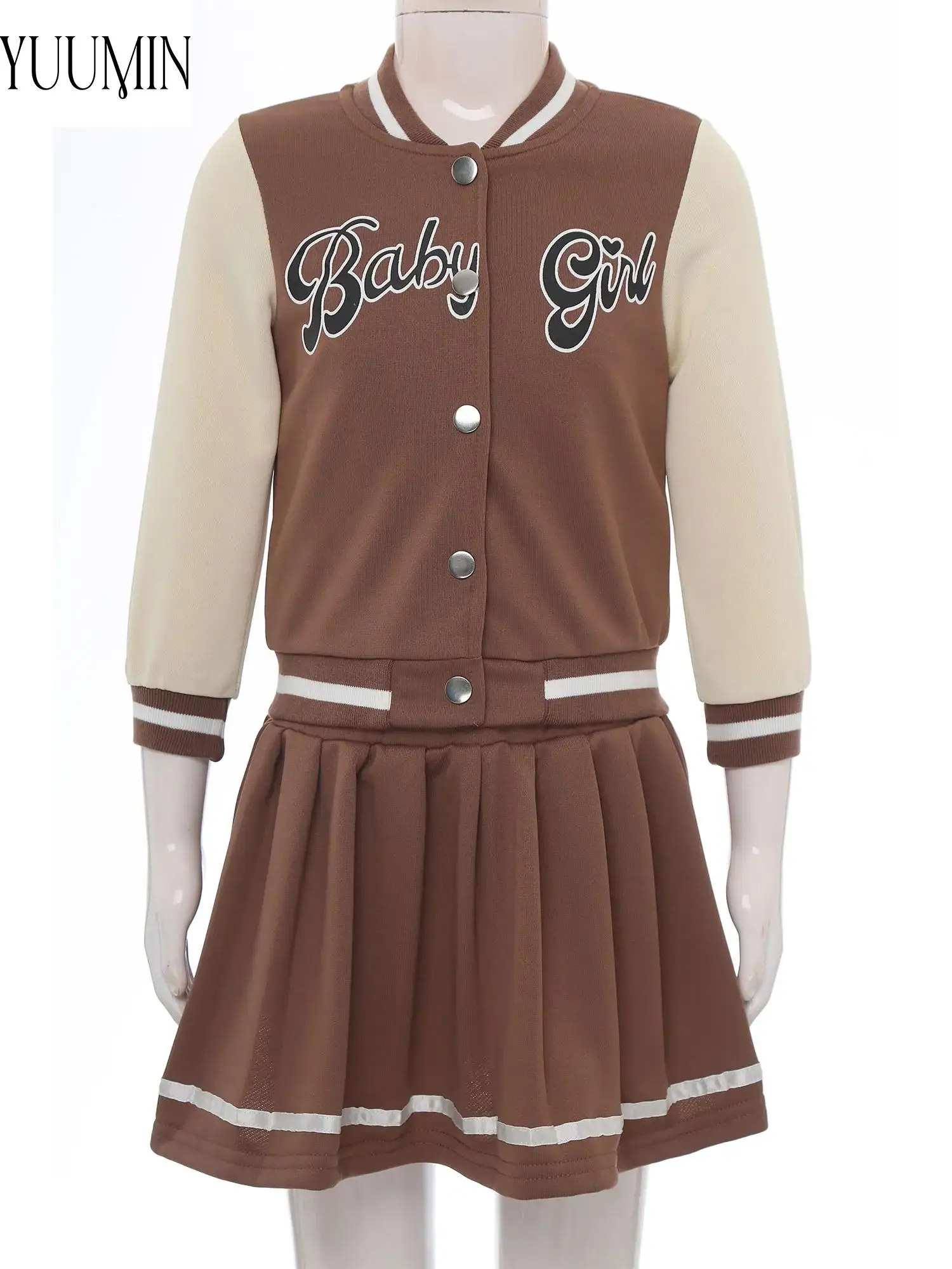 

Toddler Girls Baseball Jacket Skirt Set Schoolgirl Long Sleeve Button Front Patched Jacket and Pleated Skirt Set Sport Outfit