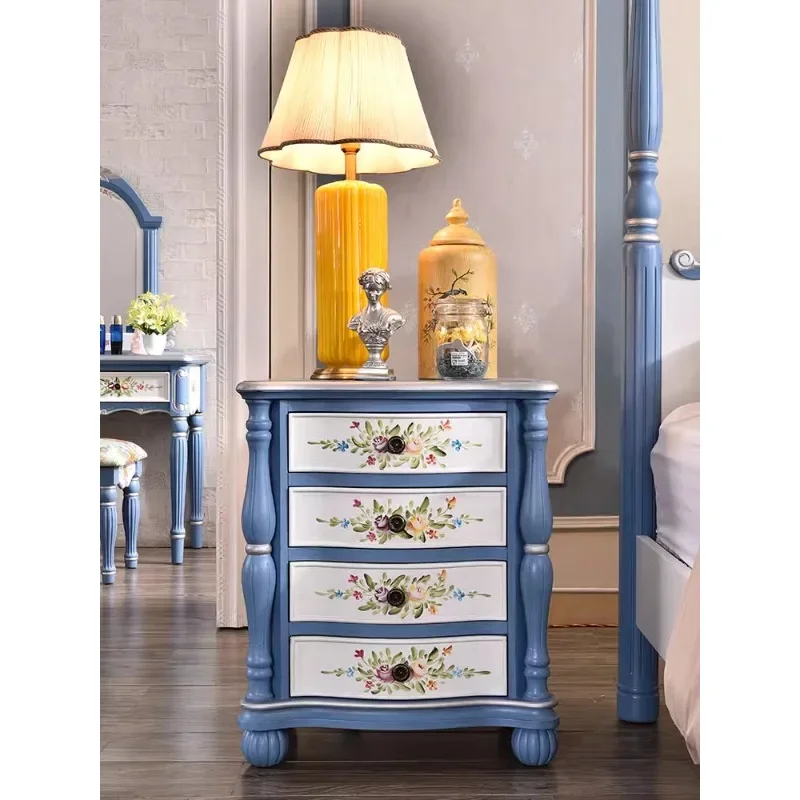 Rural bedside table storage cabinet Bedside table Corner cabinet Solid wood four-chest cabinet Simple blue painting