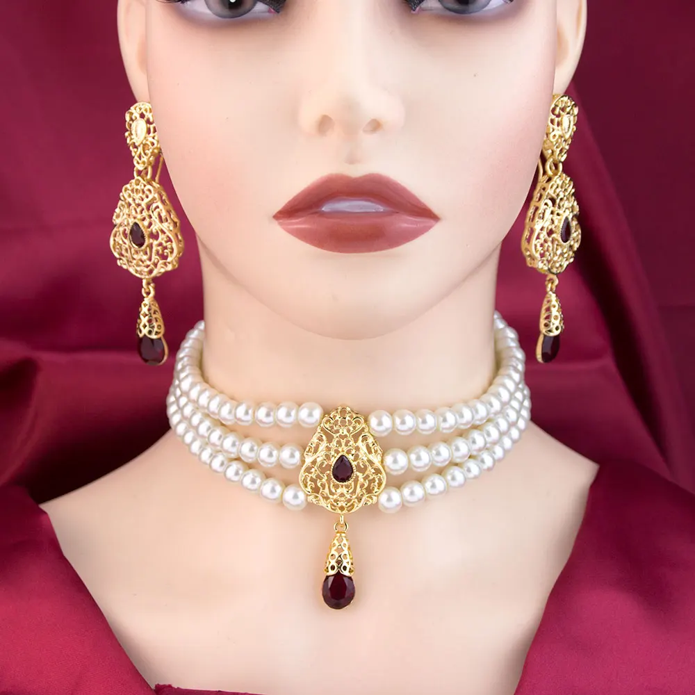 Sunspicems Chic Morocco Jewelry Set Bridal Earring Bead Pearl Choker Necklace Gold Color Arabic Neck Chain Bijoux