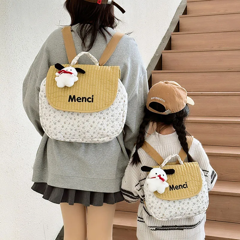 Family Look Mother Kids Girl Square Floral Curved Backpack Shoulder Strap Children\'s Schoolbags Cotton Girl Personalized Bag