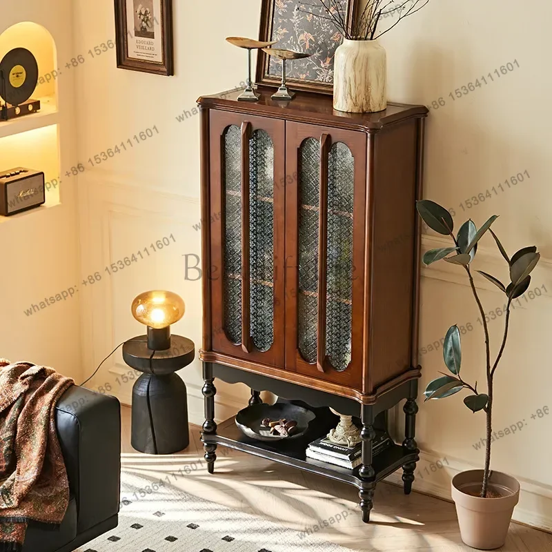 ld French Solid Wood Sideboards Side Cabinet Retro Style Living Room Integrated Storage Glass Wine Cabinet Door   Furniture