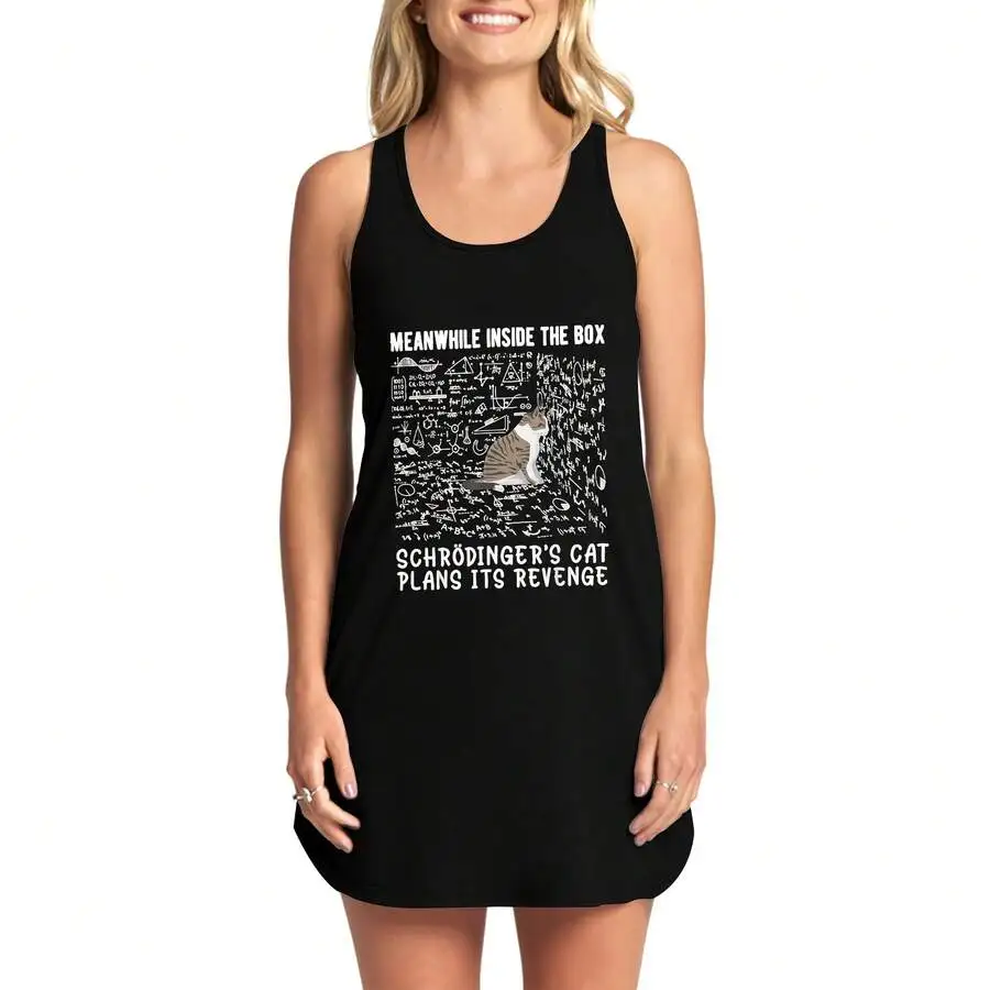 

Womens Black Tank Dress With Schrodingers Cat Graphic Summer Casual Loose Fit