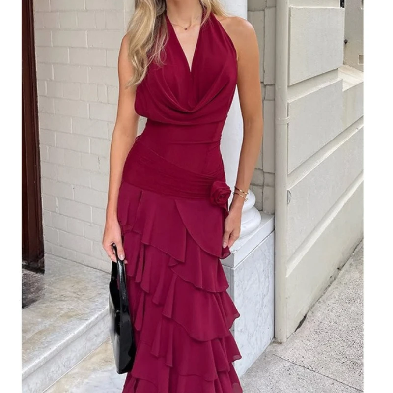 

Womens Fashion Gowns Dress Elegant V-neck Halter Ruffled Long Dress Sexy Sleeveless Backless Solid Party Dresses Autumn New