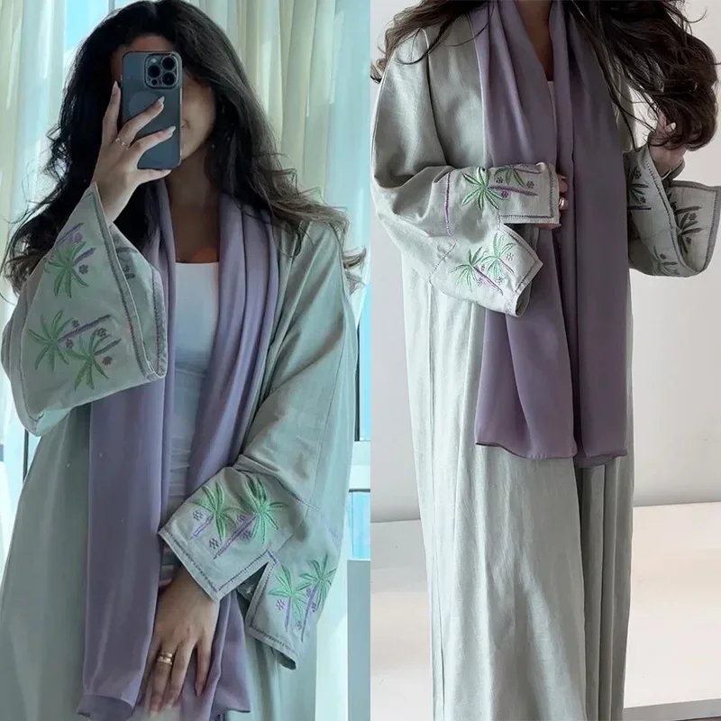 

New Chic Ramadan Ethnic Muslim Kimono Open Abaya For Turkey Women Modest Solid Embroidery Full Sleeve Moroccan Arab Caftan