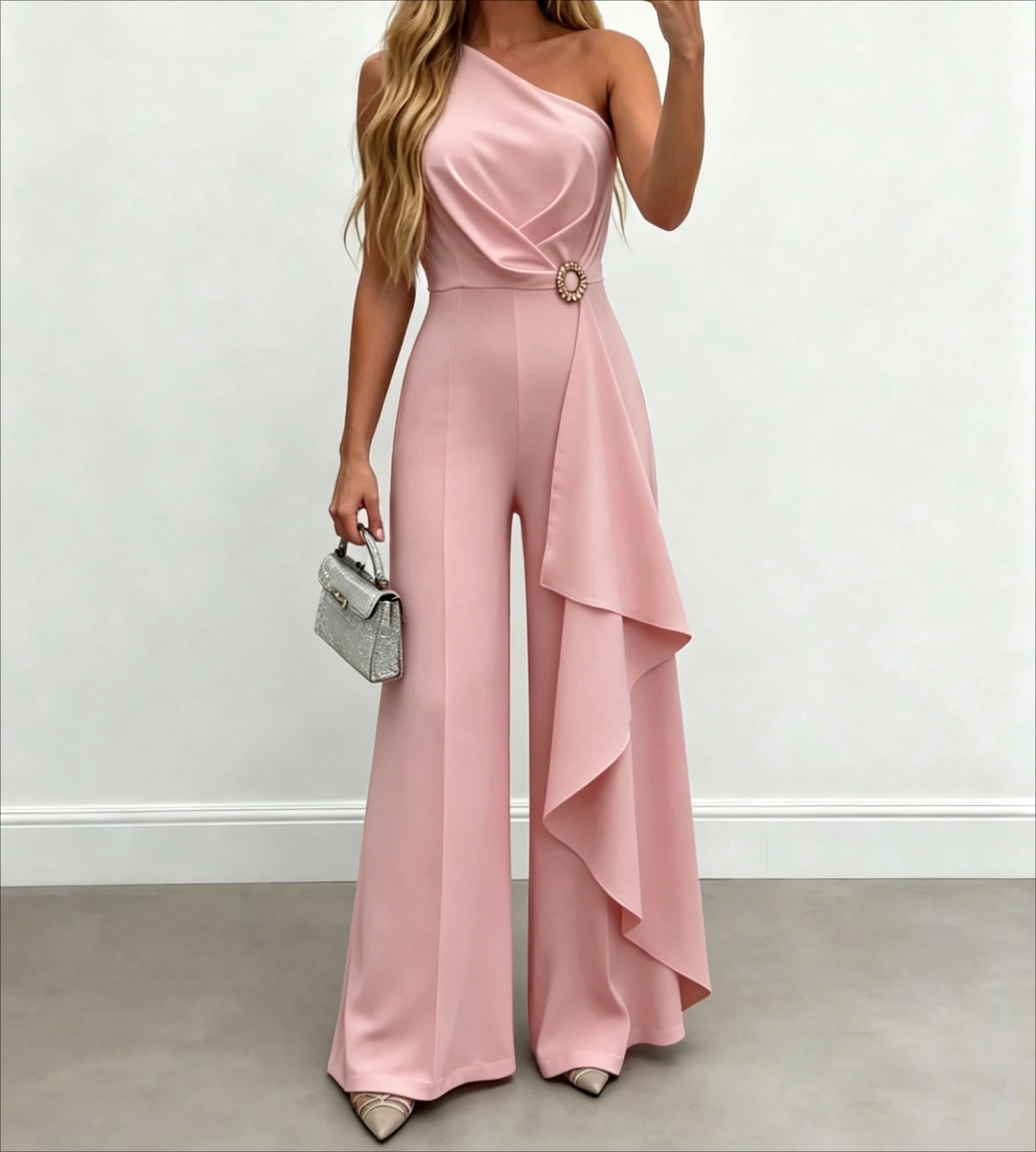 Women's Jumpsuit 2026 Spring Summer New Solid Color Slanted Collar Off Shoulder Ruffles Design High Waist Wide Leg Jumpsuit