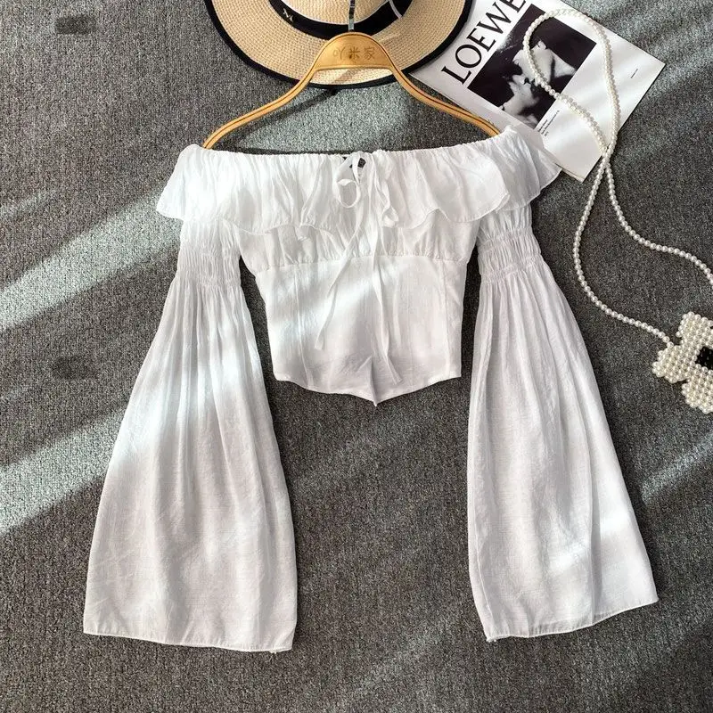 Women's French Elegant Off Shoulder Shirt Women Sweet Fashion Long Sleeve Blouse Casual Slim Fit Ruffle Hem Cropped Tops New