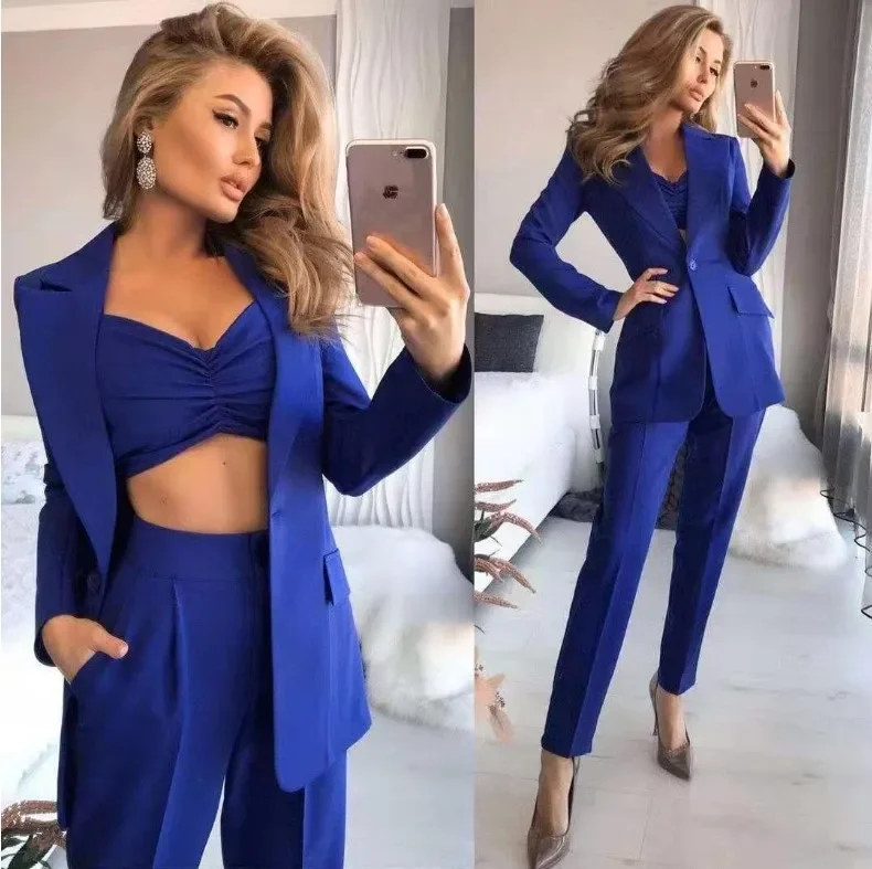 Europe and the United States new thin medium long long sleeve small suit loose solid color three-piece suit