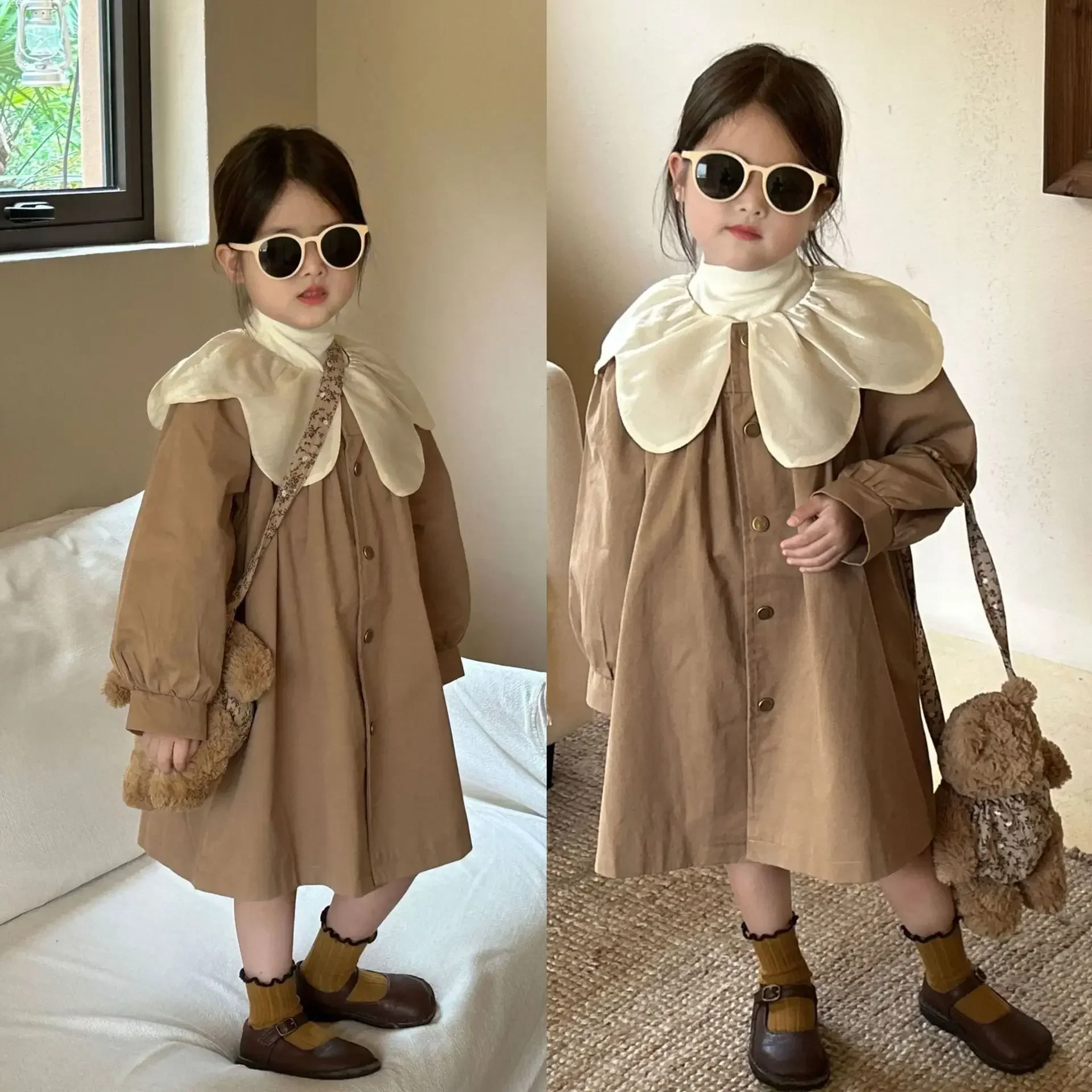 Sweet Petal Collar Girls\' Autumn Mid-length Trench Coat Girls Coat  Spring Autumn Kids Jackets for Girls  Girls Coat
