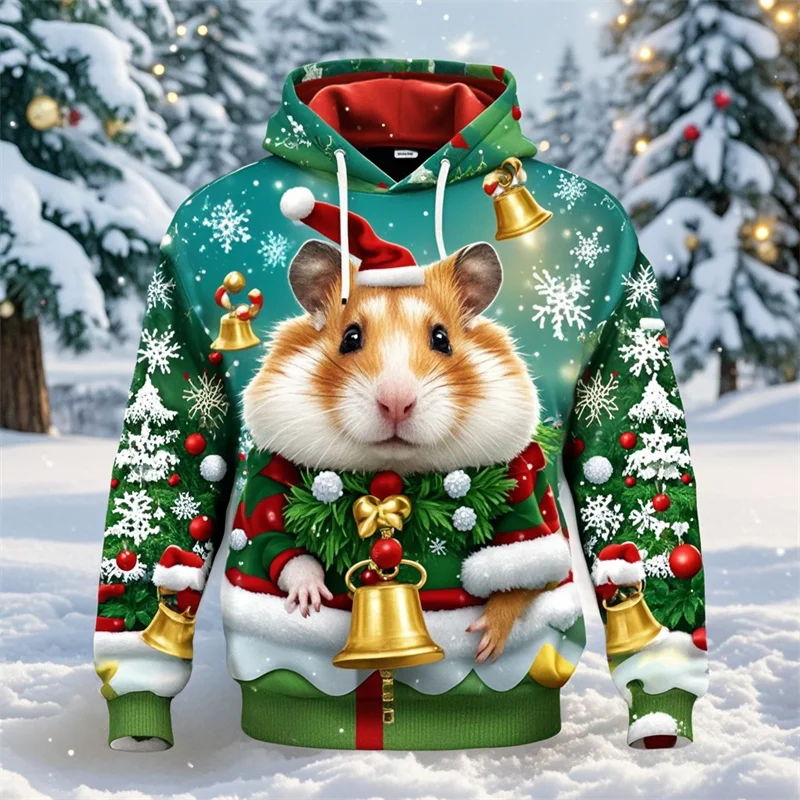 

Толстовки с 3D принтом милых животных хомяков, детская забавная уличная толстовка с капюшоном, толстовки с рисунком хомяка с Рождеством, пуловеры
