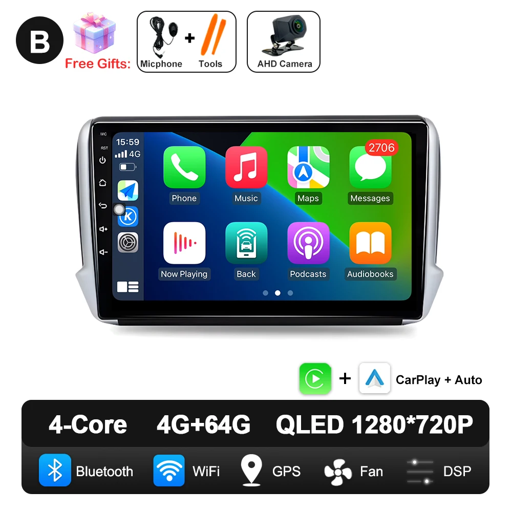 Android 16 Navigatie Multimedia Speler Carplay Auto Stereo BT video Autoradio voor Peugeot 2008 208 Serie 2012 2013 2014 - 2018