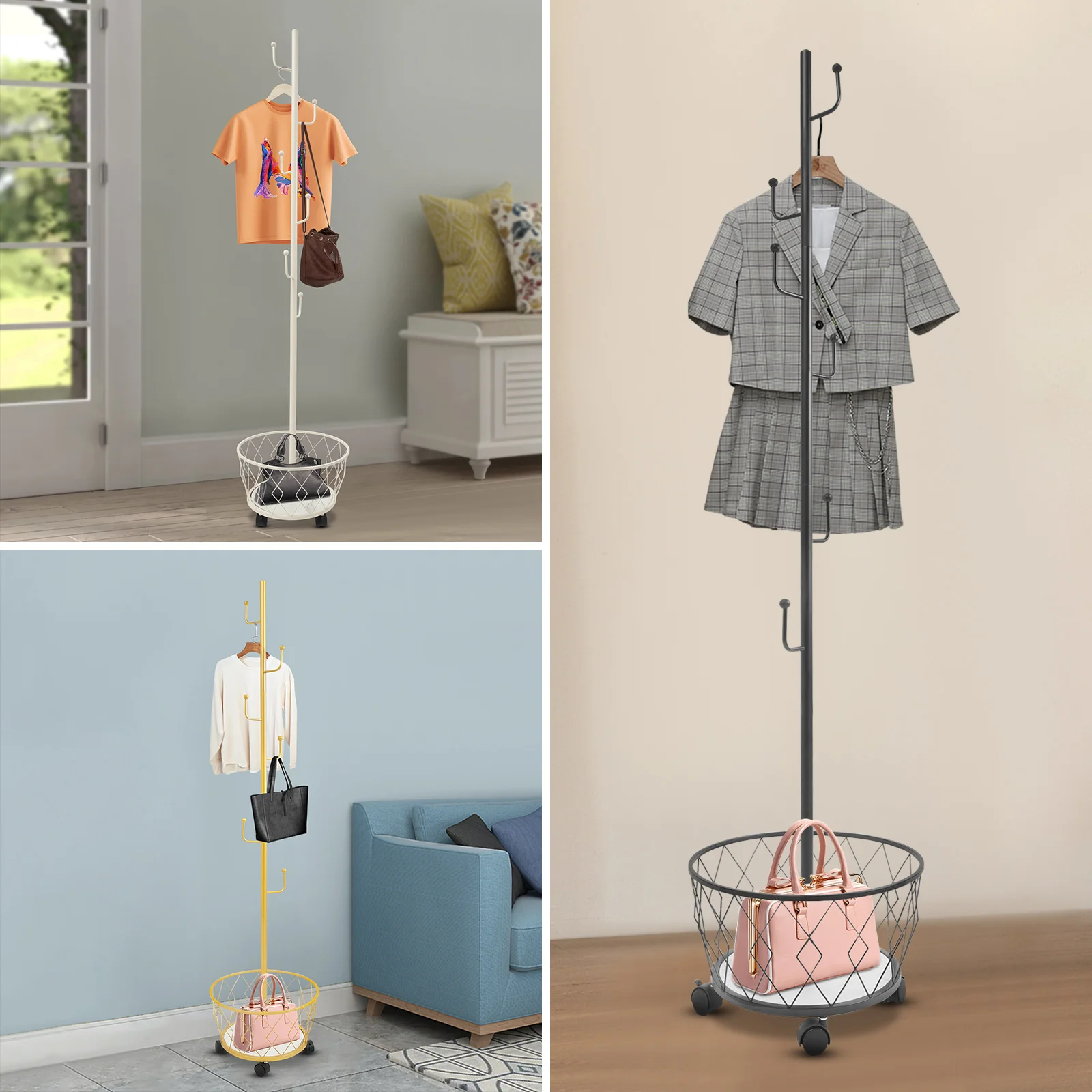 

Black/White/Golden Coat Rack with Storage Basket, Freestanding for Bedroom