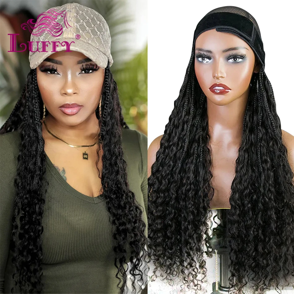 Boho Box Braids Band Wig With Human Hair Curly Ends For Hat Grab And Go Braided Hair Extensions For Black Women