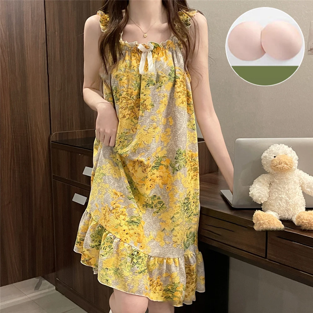 

Womens With Bra Pads Printed Pajamas Suspenders Sweet Home Clothes Nightdress Sleep Dress Women's Sleepwear Dresses