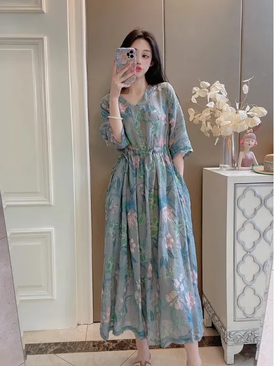 Rétro lin Dr femmes V-ne taille cintrée coton lin longue été Zen pur thé vêtements imprimé artistique Robe taille moyenne A-...