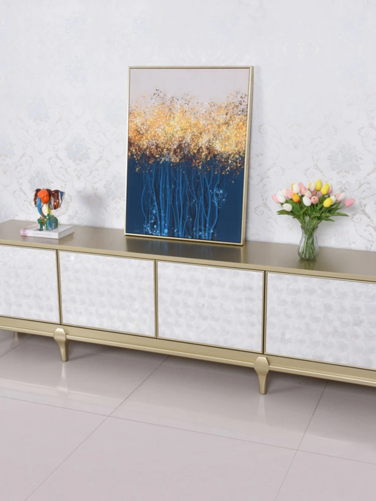 Light Luxury Shell TV Cabinet and Tea Table Combination Living Room Solid Wood Audiovisual Cabinet Decorative Floor Cabinet