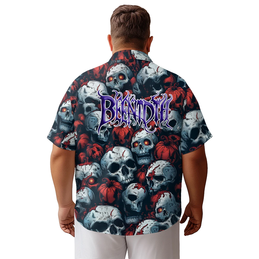 2024 new Hawaii Men's shirts plus size Halloween horror skull pumpkin head pile printed clothing casual short-sleeved